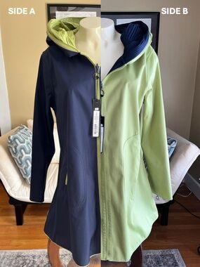 Ubu Reversible Parisian Raincoat Jacket Pleated Hood Zip-up Navy/Spring Green